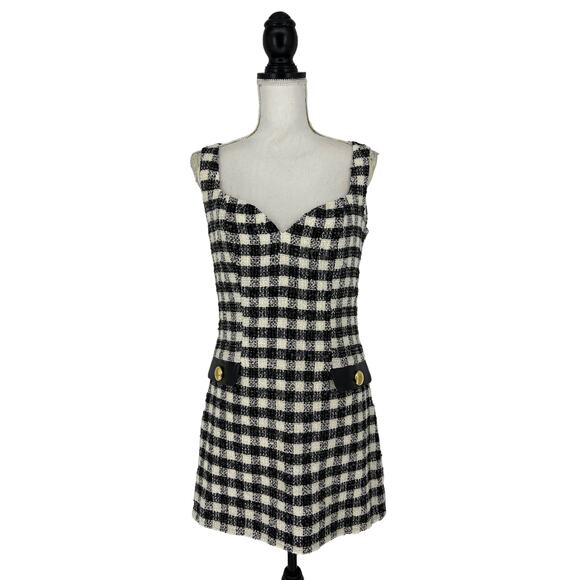 Rowen Rose Houndstooth Tweed Faux Leather Trimmed Mini Dress in Black - Picture 3 of 13